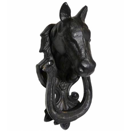 Claque Porte ou Heurtoir Style Cheval en Fonte Patinée Noir 8x8x18cm