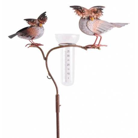 Superbe Pluviomètre à Piquer Tuteur Plante Décoration de Jardin Motif Chouettes en Fer Patiné et Tube en Verre 17x36x135cm