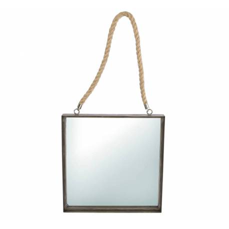 Miroir Mural Glace de Forme Carrée Trumeau en Acier Verni Noir avec Anse en Corde 4x38x79cm