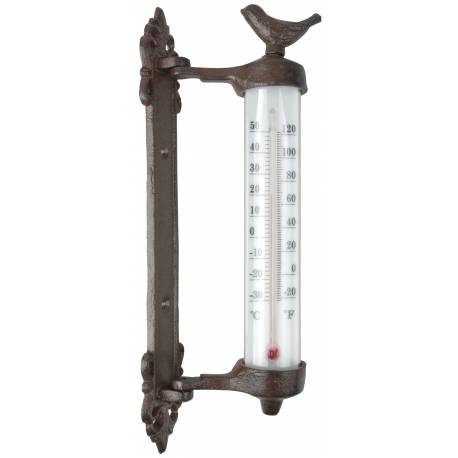 Thermomètre Mural avec Potence Décoratif avec Motif Oiseau en Celsius et Fahrenheit en Fonte Patinée Marron 5,5x9,5x27,5cm