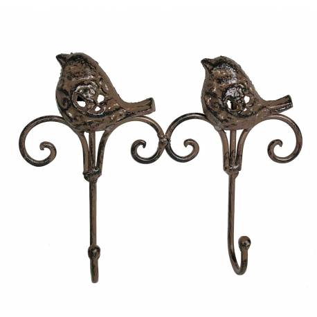 Patère Oiseaux Double Murale ou Porte Vêtements Manteaux Torchons 2 Crochets en Fonte Patinée Marron 5x17x21,50cm