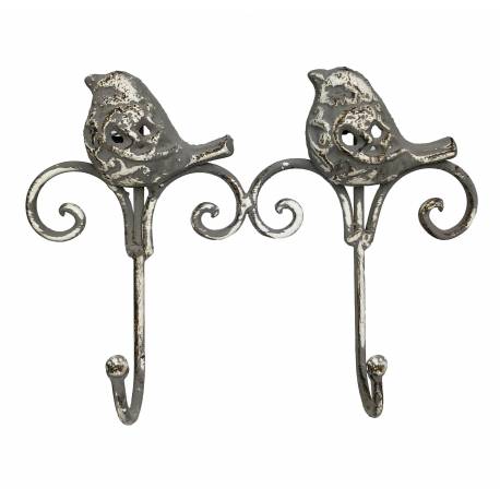 Patère Oiseaux Double Murale ou Porte Vêtements Manteaux Torchons 2 Crochets en Fonte Patinée Grise 5x17x21,50cm