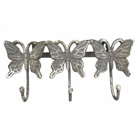 Patère Papillon Triple Murale Porte Vêtements Manteaux Torchons Serviettes à 3 Crochets en Fonte Grise 5x12,50x27cm