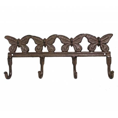 Grande Patère Papillon Murale Porte Vêtements Manteaux Torchons Serviettes à 4 Crochets en Fonte Marron 4,50x15x38cm