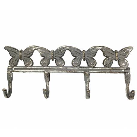 Grande Patère Papillon Murale Porte Vêtements Manteaux Torchons Serviettes à 4 Crochets en Fonte Grise 4,50x15x38cm