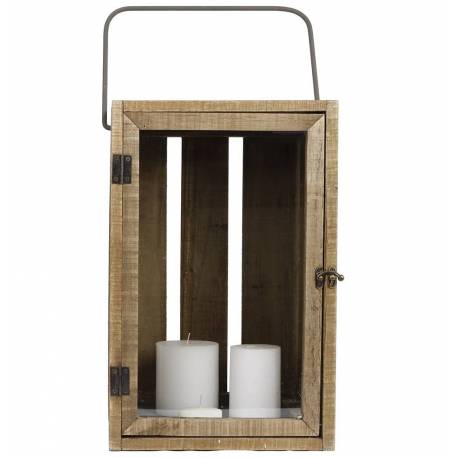 Grande Lampe Tempête Lanterne en Bois et Verre Naturel Photophore Carré Intérieur Extérieur 28,5x28,5x62cm