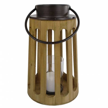 Lanterne Décorative Cylindrique Lampion Anse en Fer Bougeoir à Suspendre à Poser en Bois Naturel et Globe en Verre 24x24x42cm