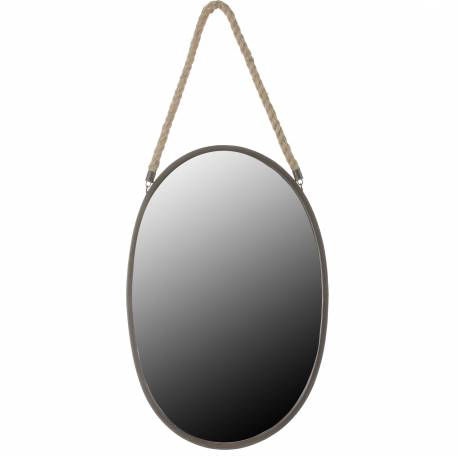 Miroir Mural Glace de Forme Ovale en Fer Patiné Noir avec Anse en Corde Naturelle 2x38x57cm
