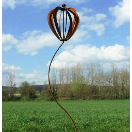 Superbe Eolienne Mongolfière à Piquer en Acier Oxydé 29x29x150cm