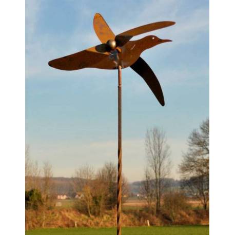 Mobile Jardin Eolienne sur Tige Motif Oiseau Décoration Animée en Acier Oxydé 20x55x203cm