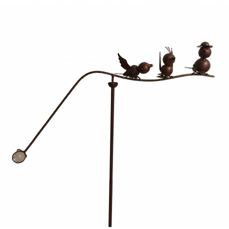 Tuteur Tige pour Plantes Motifs Oiseaux Mobile de Jardin Rotatif à Planter en Métal Patiné Marron et Verre 15,5x61x127cm