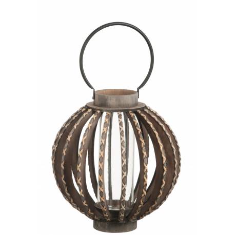 Bougeoir Lanterne Décorative en Bois Marron et Verre J-Line à Poser ou à Suspendre avec Porte Bougie et Anneau 36,5x36,5x38,5cm