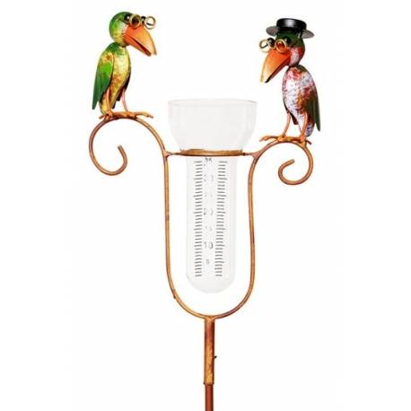 Superbe Pluviomètre à Piquer Tuteur Plante Décoration de Jardin Motif Corbeaux en Fer Patiné et Tube en Verre 12x23x145cm
