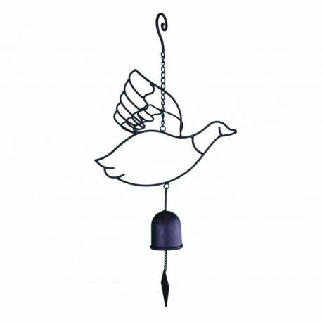 Cloche ou Décoration Murale Motifs Oiseaux et Oies à Suspendre en Fer et Fonte Patiné Noir 7x7x65cm