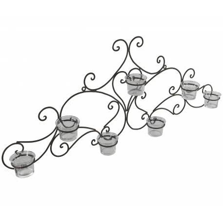 Applique Murale Bougeoir Style Fronton ou Candélabre 7 Verrines à Fixer en Fer Patiné Marron 7,5x31,5x75cm