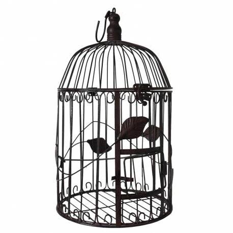 Petite Cage à Oiseaux à Poser ou Volière Enclos à Volatiles Ronde à Suspendre en Fer Patiné Marron 19x19x42cm