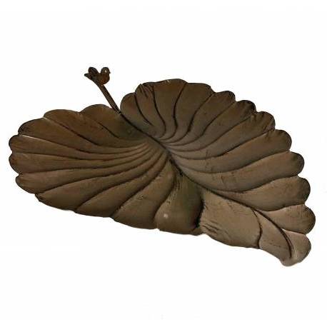 Grande Feuille Coupelle à Poser Style Bain a Oiseaux ou Mangeoire de Jardin en Fer Marron 17x43x53cm