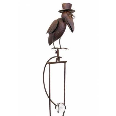 Mobile de Jardin à Balancier à Planter ou Tuteur pour Plantes Motifs Corbeau en Fer et Verre Patiné Marron 10x25x153cm