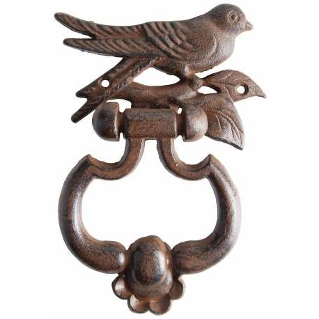 Heurtoir de Porte à Fixer en Fonte Patinée Marron Antique Motif Oiseau et Feuille 4x13x18cm