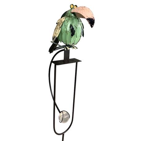 Mobile de Jardin Rotatif à Planter ou Tuteur pour Plantes Motifs Oiseaux Perchés en Fer et Verre Patiné Multicolore 13x28x150cm