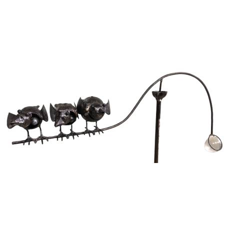 Tuteur Tige pour Plantes Motifs Trio d'Oiseaux ou Mobile de Jardin Rotatif à Planter en Verre et Fer Patiné Marron 6,5x56x136cm