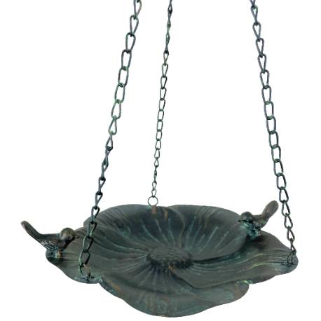 Bain à Oiseaux à Suspendre ou Mangeoire à Oiseaux Forme de Fleur Coupelle en Métal Gris Vert 24,5x24,5x52cm
