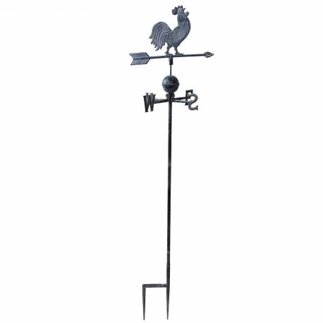 Girouette avec 4 Points Cardinaux Motif Coq 2 Pics en Fonte Patinée Grise 45x45x185cm