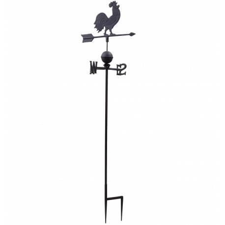 Girouette avec 4 Points Cardinaux Motif Coq 2 Pics en Fonte Patinée Marron 45x45x185cm