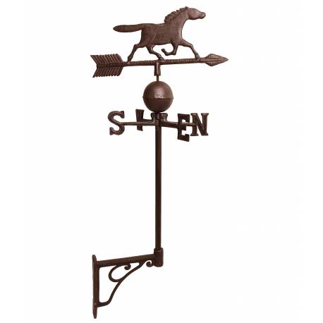 Girouette Murale avec 4 Points Cardinaux Motif Cheval sur une Flèche en Fonte Patinée Marron 41x41x97cm