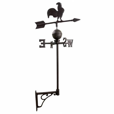 Girouette Murale avec 4 Points Cardinaux Motif Coq sur une Flèche en Fonte Patinée Marron 41x41x97cm
