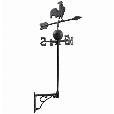 Girouette Murale avec 4 Points Cardinaux Motif Coq sur une Flèche en Fonte Patinée Grise 41x41x97cm