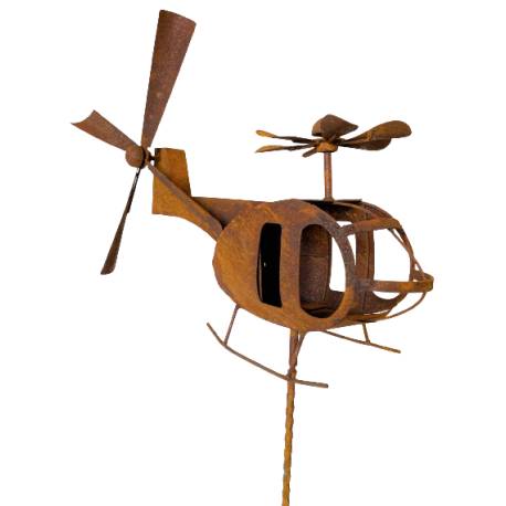 Mobile Jardin Eolienne sur Tige Motif Hélicoptère Décoration Animée en Acier Oxydé 20x78x192cm