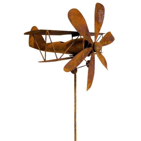 Mobile Jardin Eolienne sur Tige Motif Avion Décoration Animée en Acier Oxydé 46x56x168cm