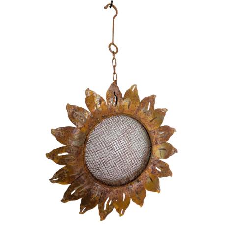 Mangeoire à Suspendre Forme de Tournesol Support Boules de Graines pour Oiseaux en Métal Oxydé 8x33x53cm