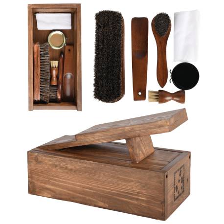 Kit d'Entretien Chaussures Coffret à Cirage Pinceau Brosse Chausse-Pied et Chiffon en Bois, Crins de Cheval, Cire et Coton