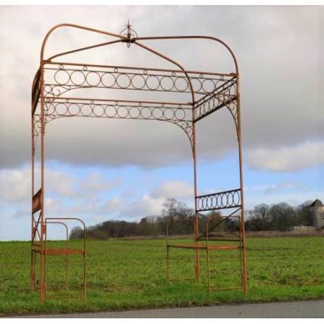 Grande Tonnelle Rectangulaire 2 Bancs de Jardin Gloriette de Jardin en Acier Brut Oxydé 126x190x285cm