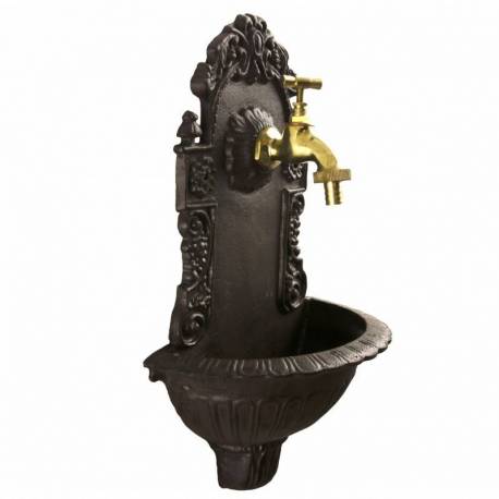 Fontaine de Charme Murale Source Fonte Patinée Marron avec Robinet Fonctionnel en Laiton 14x25x40cm