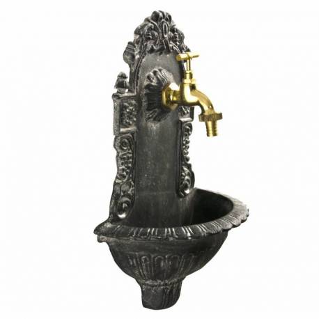 Fontaine de Charme Murale Source Fonte Patinée Grise avec Robinet Fonctionnel en Laiton 14x25x40cm