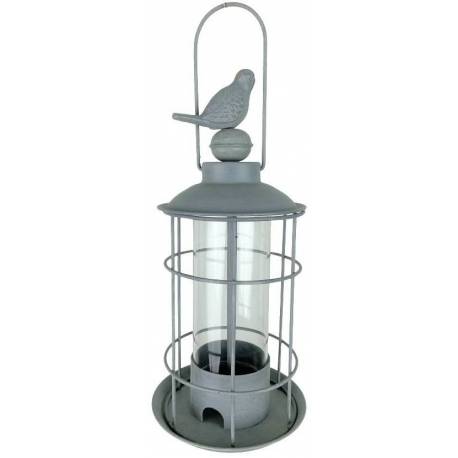 Nichoir à Oiseaux ou Maisonnette à Oisillons à Suspendre en Verre et Fer Patiné Gris 11,5x11,5x29,5cm