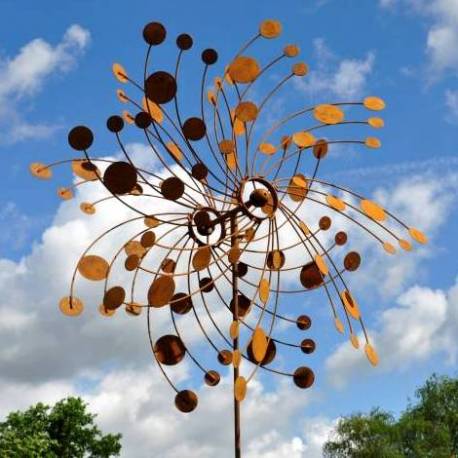 Majestueuse Eolienne Double Hélices Tuteur Mobile de Jardin en Acier Oxydé 25x96x210cm
