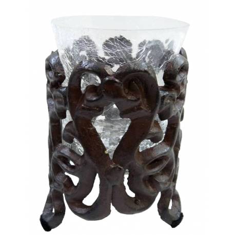 Pot Décoratif Porte Bougie 1 Feu ou Bougeoir Photophore Unique en Verre et Fonte Patinée Marron 7,5x7,5x10,5cm