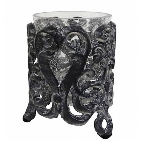 Pot Décoratif Porte Bougie 1 Feu ou Bougeoir Photophore Unique en Verre et Fonte Patinée Grise 7,5x7,5x10,5cm