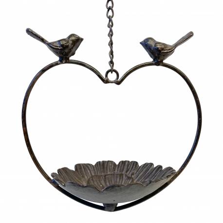Bain Oiseau à Suspendre Mangeoire en Fonte Patinée Vert Abreuvoir Extérieur sur Chainette Forme Fleur 14,5x14,5x43cm