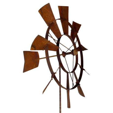 Eolienne Moulin à Vent Mobile Décoration de Jardin en Acier Brut Oxydé 50x55x235cm