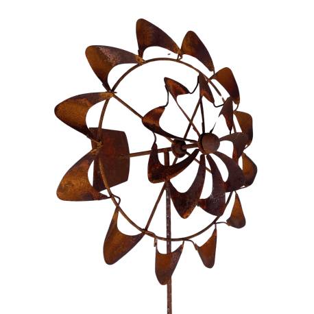 Jolie Eolienne de Jardin Mobile de Jardin Double Moulin à Hélice et Dérive Girouette Acier 47x55x207cm