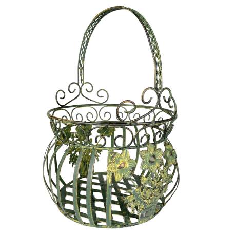 Petite Jardinière Façon Panier Pot de Fleur Bac de Plantation en Métal Vert 21,5x21,5x33cm