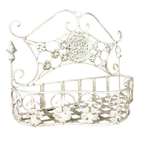 Jardinière PM à Accrocher Balconnière en Acier et Fonte Patinée Blanc Support à Plantes 14x30x41,5cm