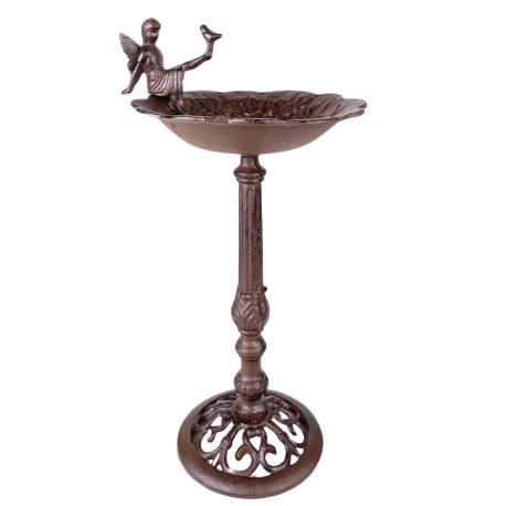 Bain Oiseau sur Pied Grand Bénitier en Fonte Marron Abreuvoir Rond Motif Fée 24x24x52cm