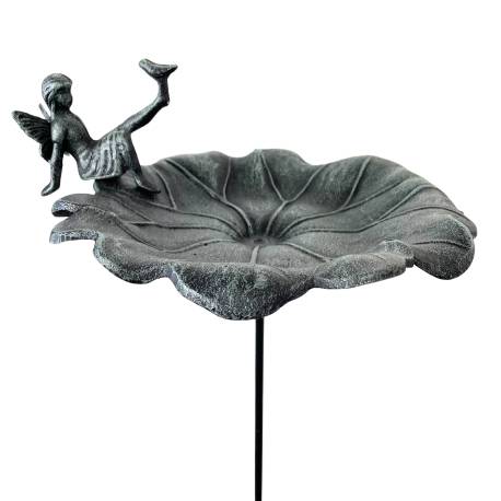 Abreuvoir sur Tige Bain Oiseau Mangeoire à Piquer en Fonte Marron Bénitier à Oiseau Motif Fée 28x28x123cm