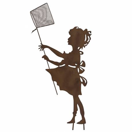 Silhouette de Jardin à Piquer Plaque Métal Jeune Fille au Papillon Décoration Extérieure Finition Peinture Rouille 0,5x40x92cm